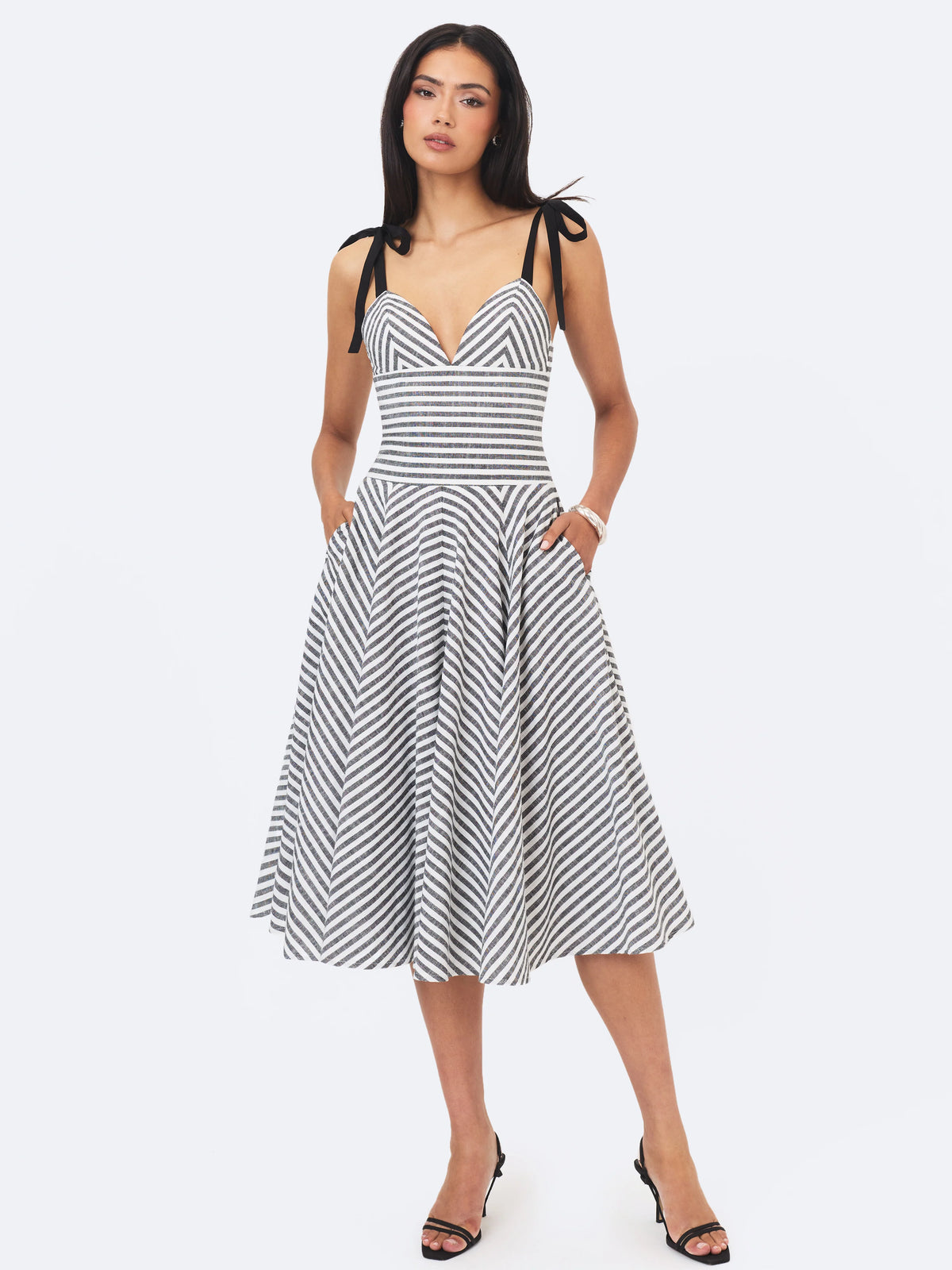 Riley Black White Striped Linen Flared Midi Dress