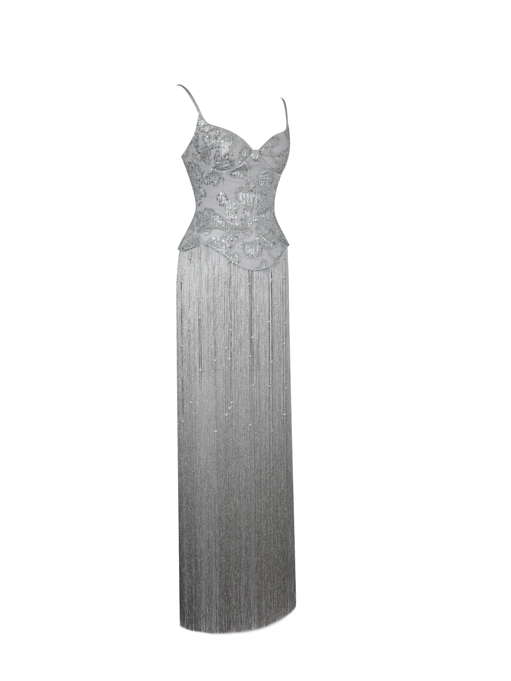 Olisa Silver Beaded Peplum Tassel Maxi Dress