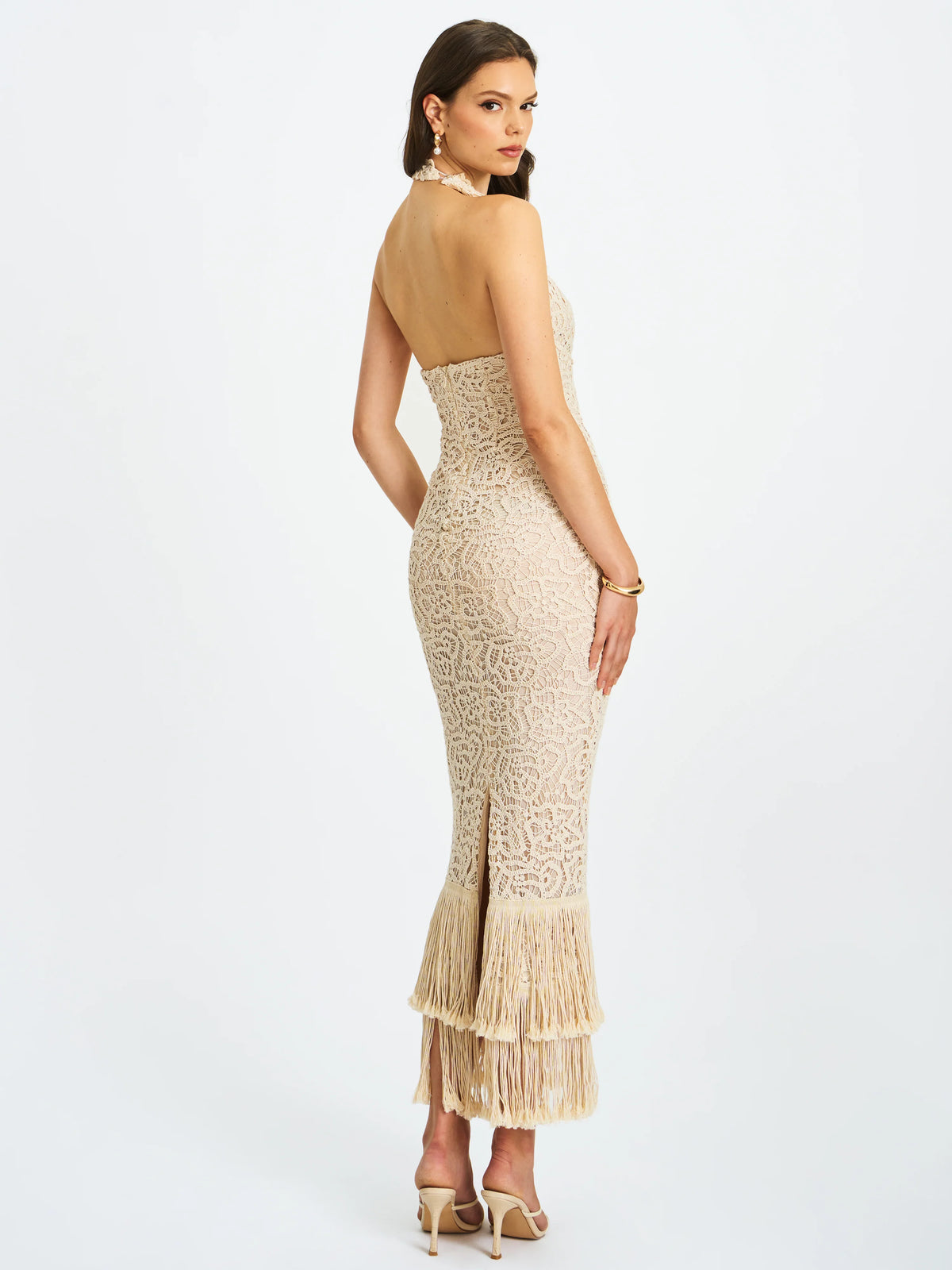 Faelyn Off White Double Fringe Crochet Halter Maxi Dress