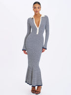 Xelie Navy White Cotton Terry Knit Mermaid Maxi Dress