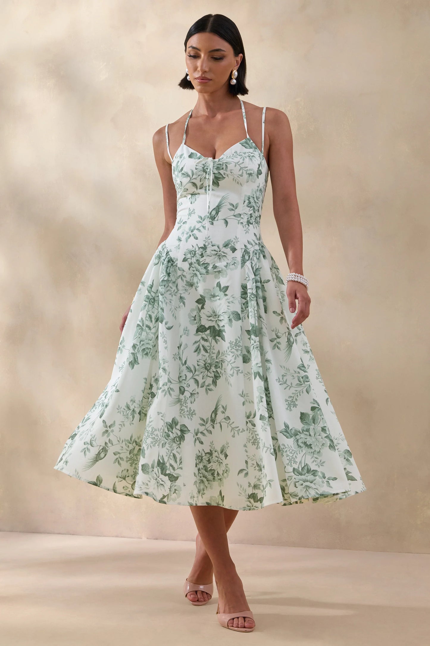 Audrey Green Floral Print Sweetheart Neck Midi Dress With Ruching Detail
