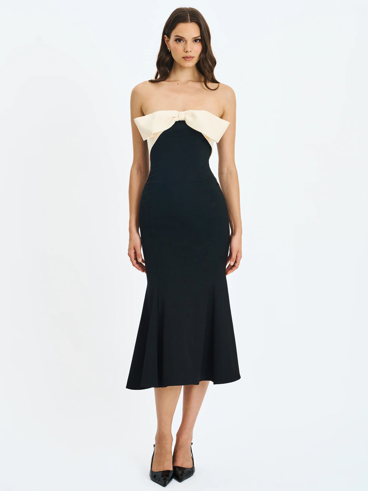 Saige Black Mermaid Midi Dress with Ivory Bow Bustline