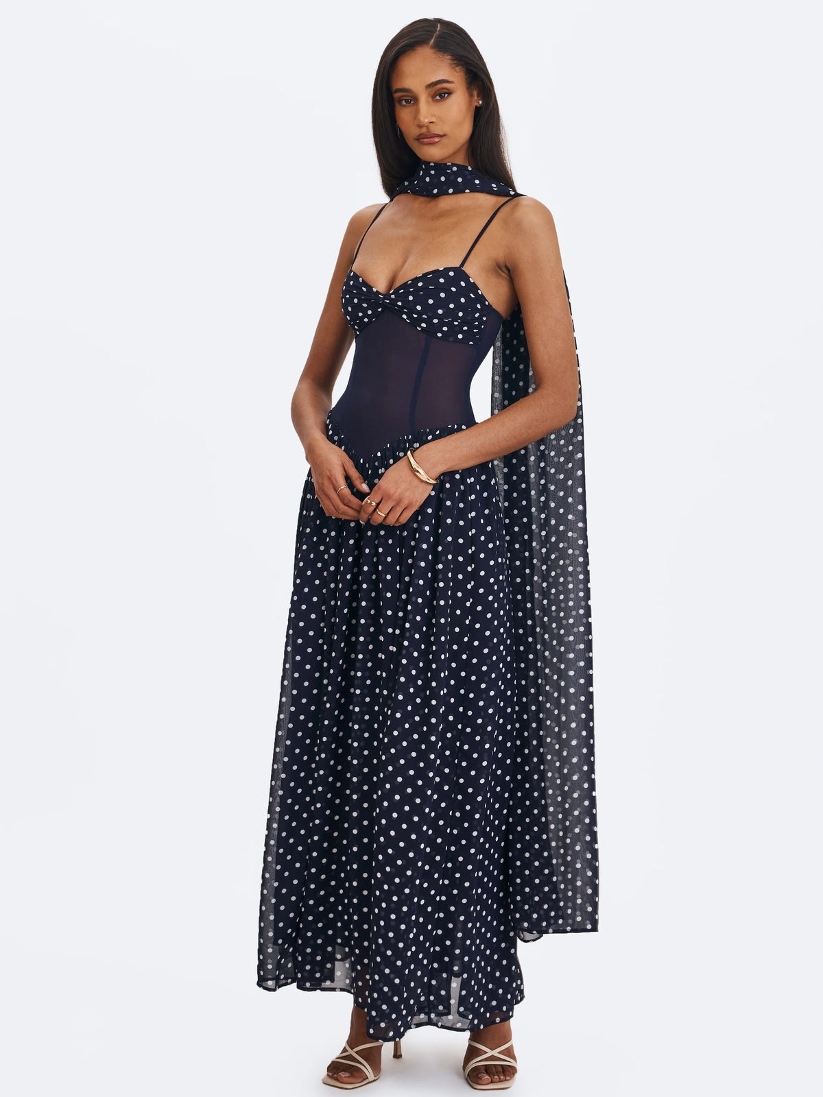 Juliette Navy Blue Polka Dot Chiffon Maxi Dress