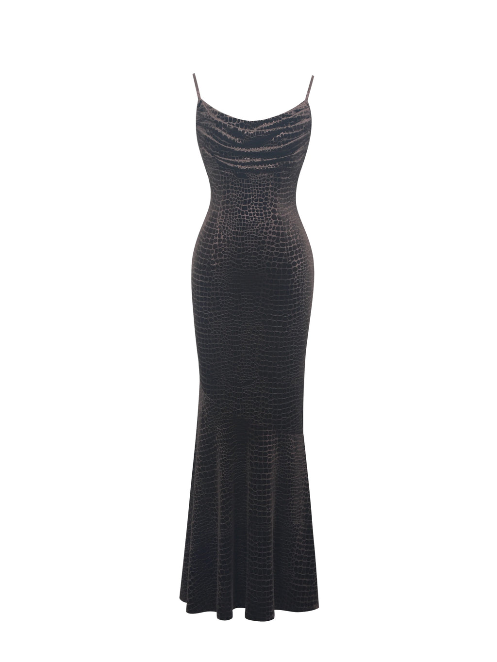 Veronique Brown Croc Embossed Velvet Cowl Neck Mermaid Maxi Dress