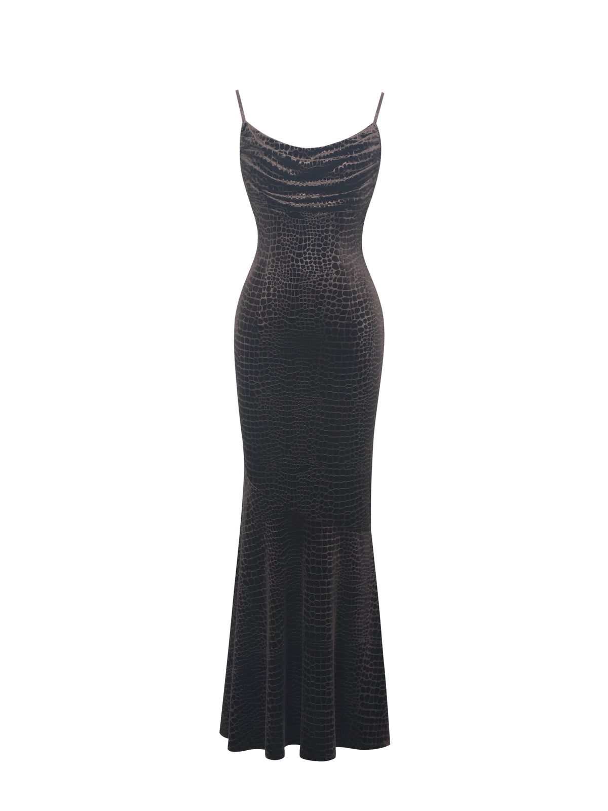 Veronique Brown Croc Embossed Velvet Cowl Neck Mermaid Maxi Dress