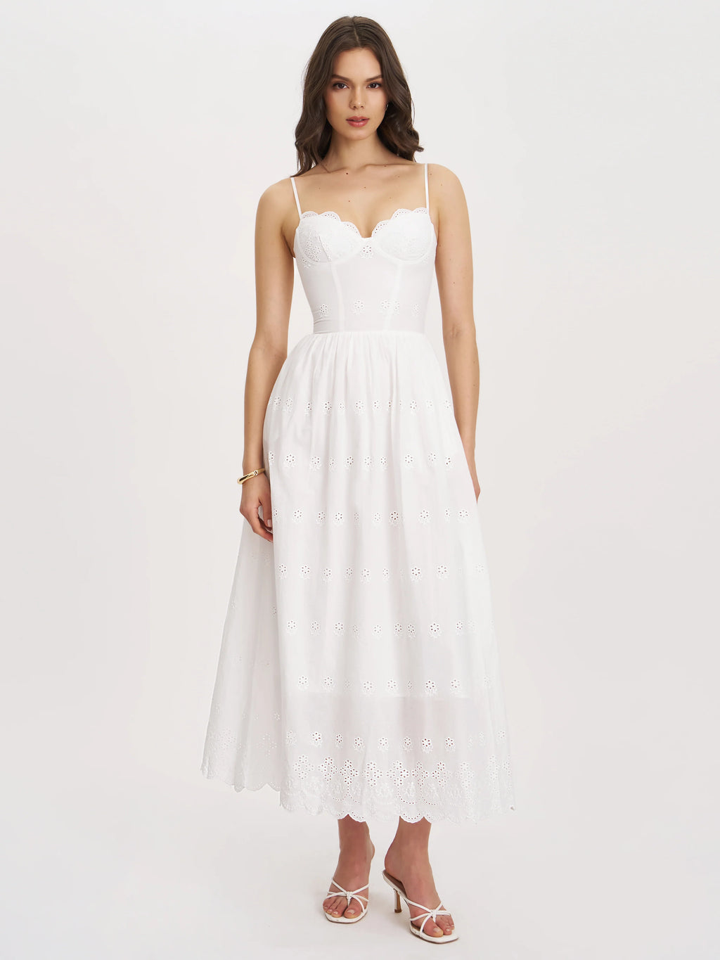 Oberon White Cotton Eyelet Lace Up Back Maxi Dress