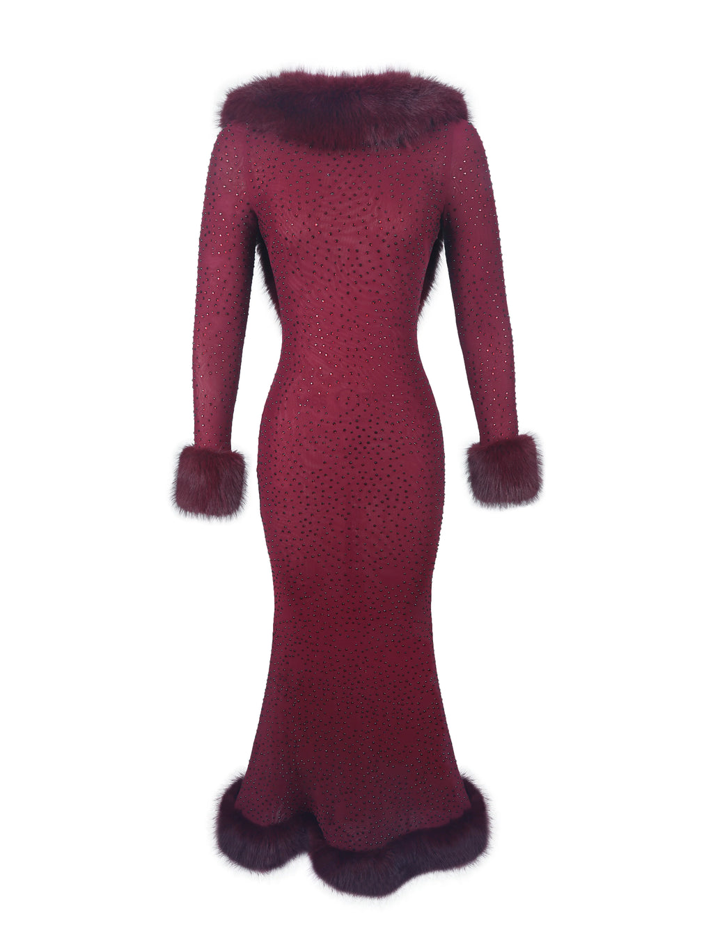 Melrose Burgundy Petite Length Rhinestone Mesh Low Back Mermaid Gown