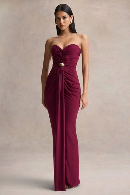 Beverly Burgundy Bandeau Maxi Dress With Gathered Detailing