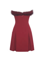 Nalia Crimson Fur Trimmed Sweetheart Mini Dress
