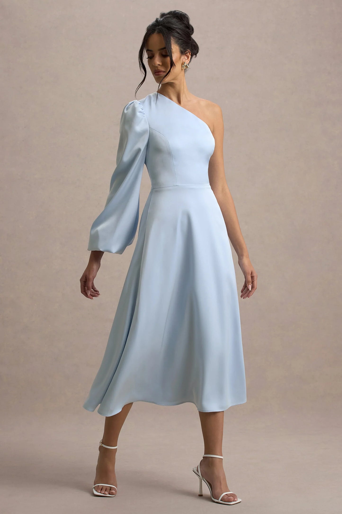 Haila Powder Blue Satin One Shoulder Midi Dress