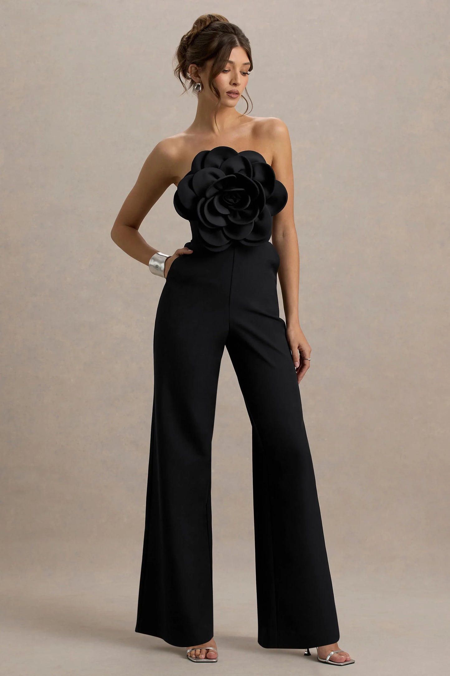 Opia Black Bandeau Wide Leg Jumpsuit With Large Floral Corsage