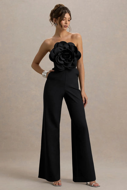 Opia Black Bandeau Wide Leg Jumpsuit With Large Floral Corsage