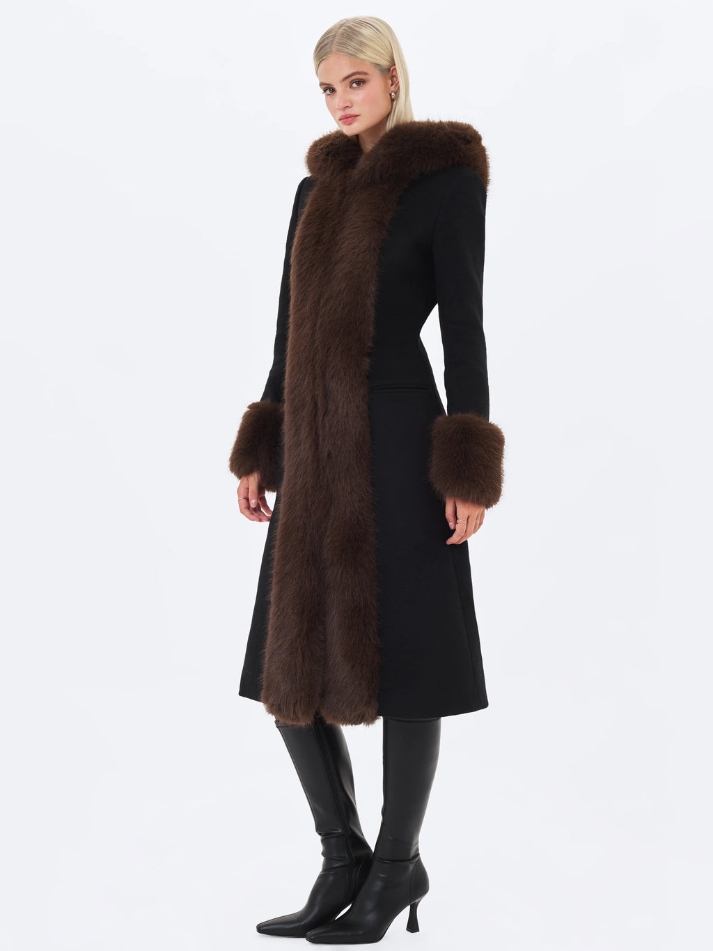 Sloan Black Wool Blend Sculpted Midi Coat with Fur Hood