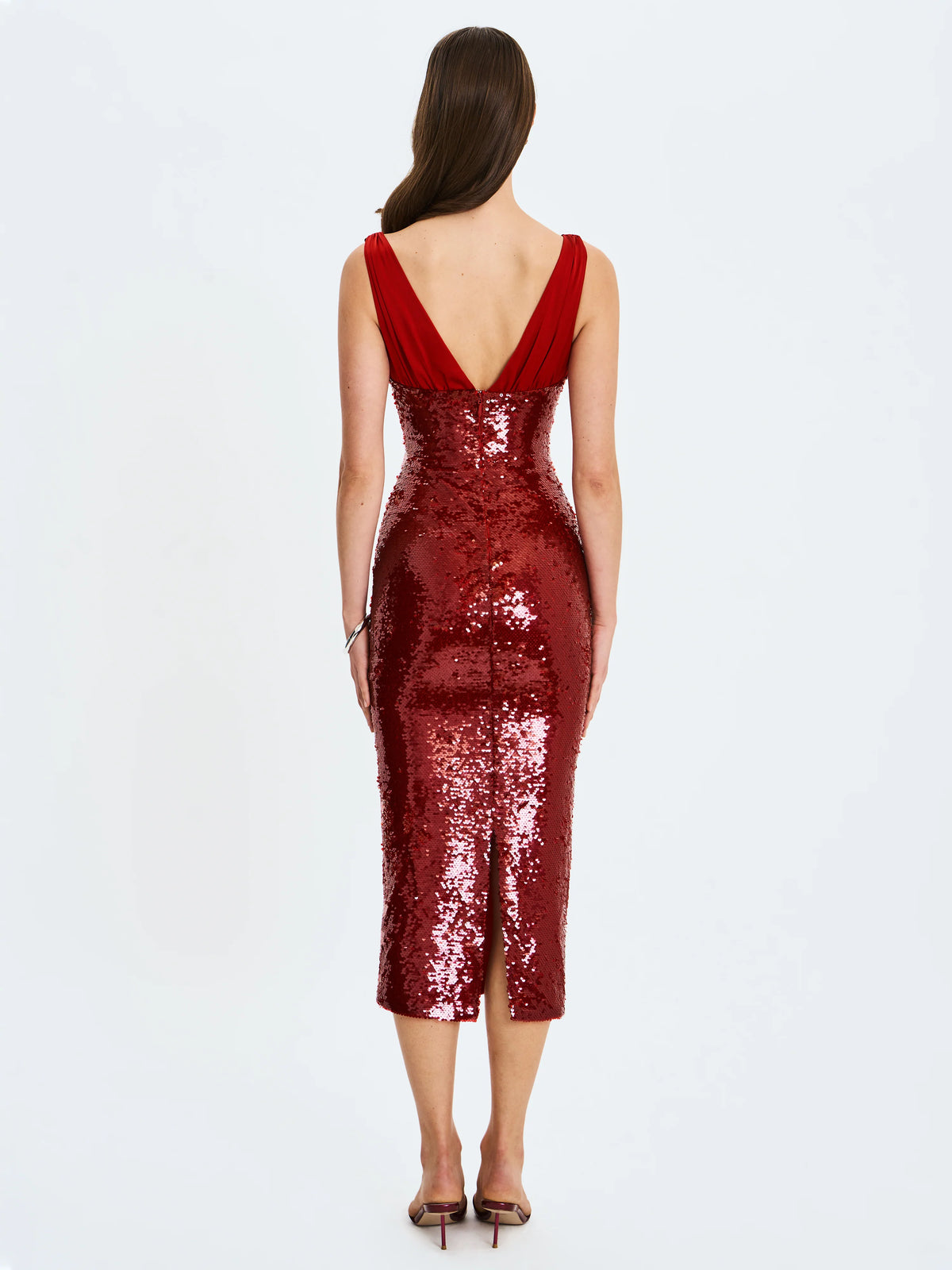 Shanelle Crimson Sequin Plunging Midi Dress