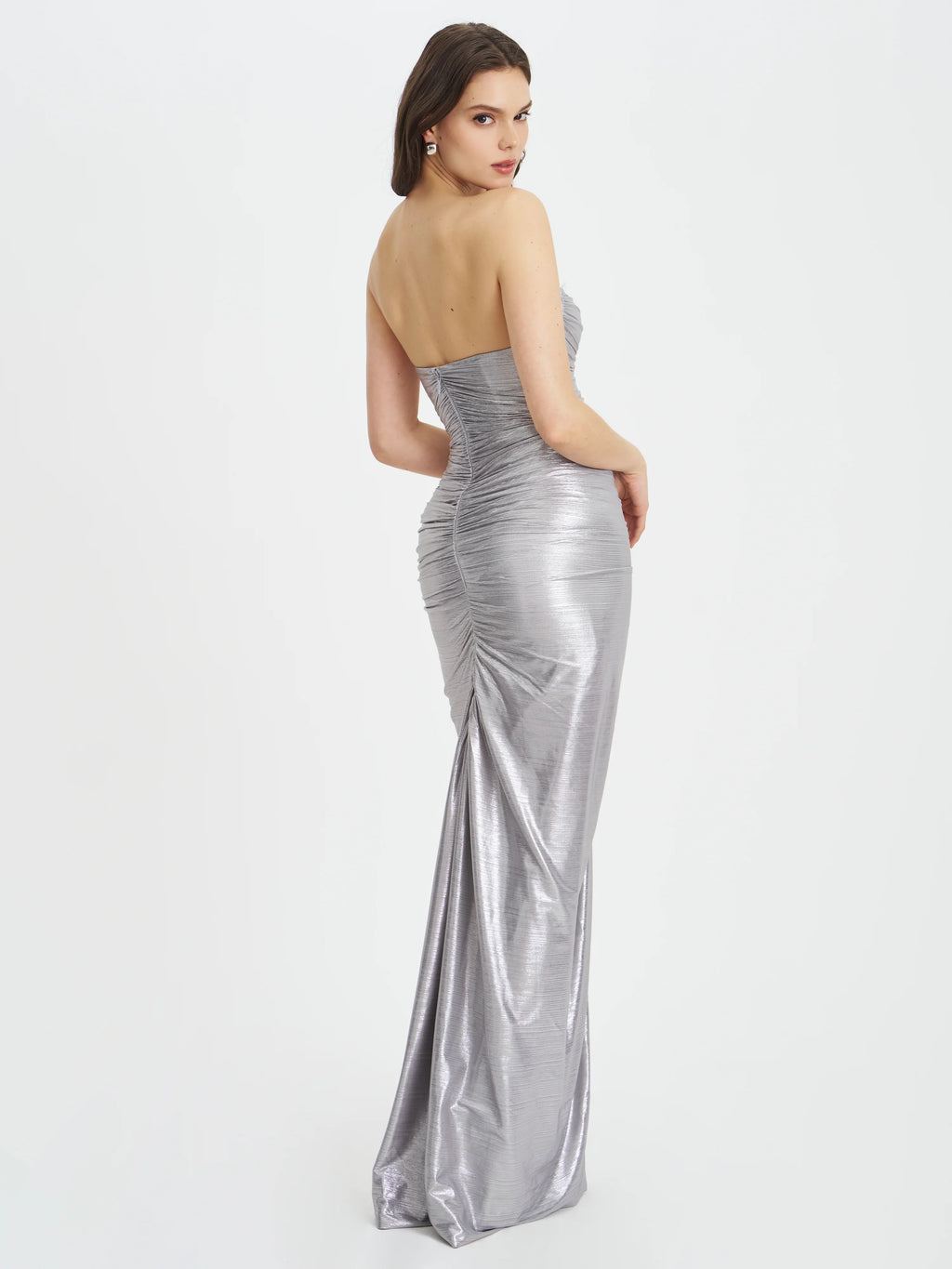 Sable Ruched Silver Glitter Mermaid Gown