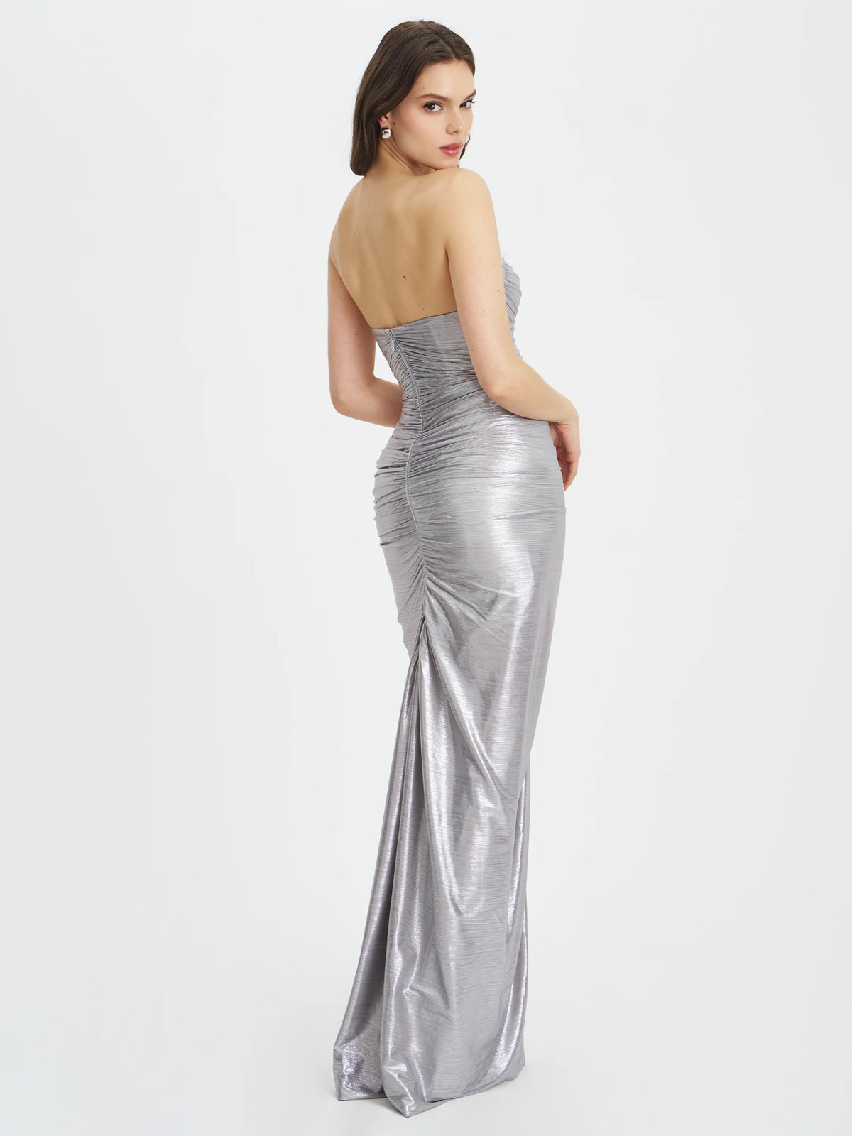 Sable Ruched Silver Glitter Mermaid Gown