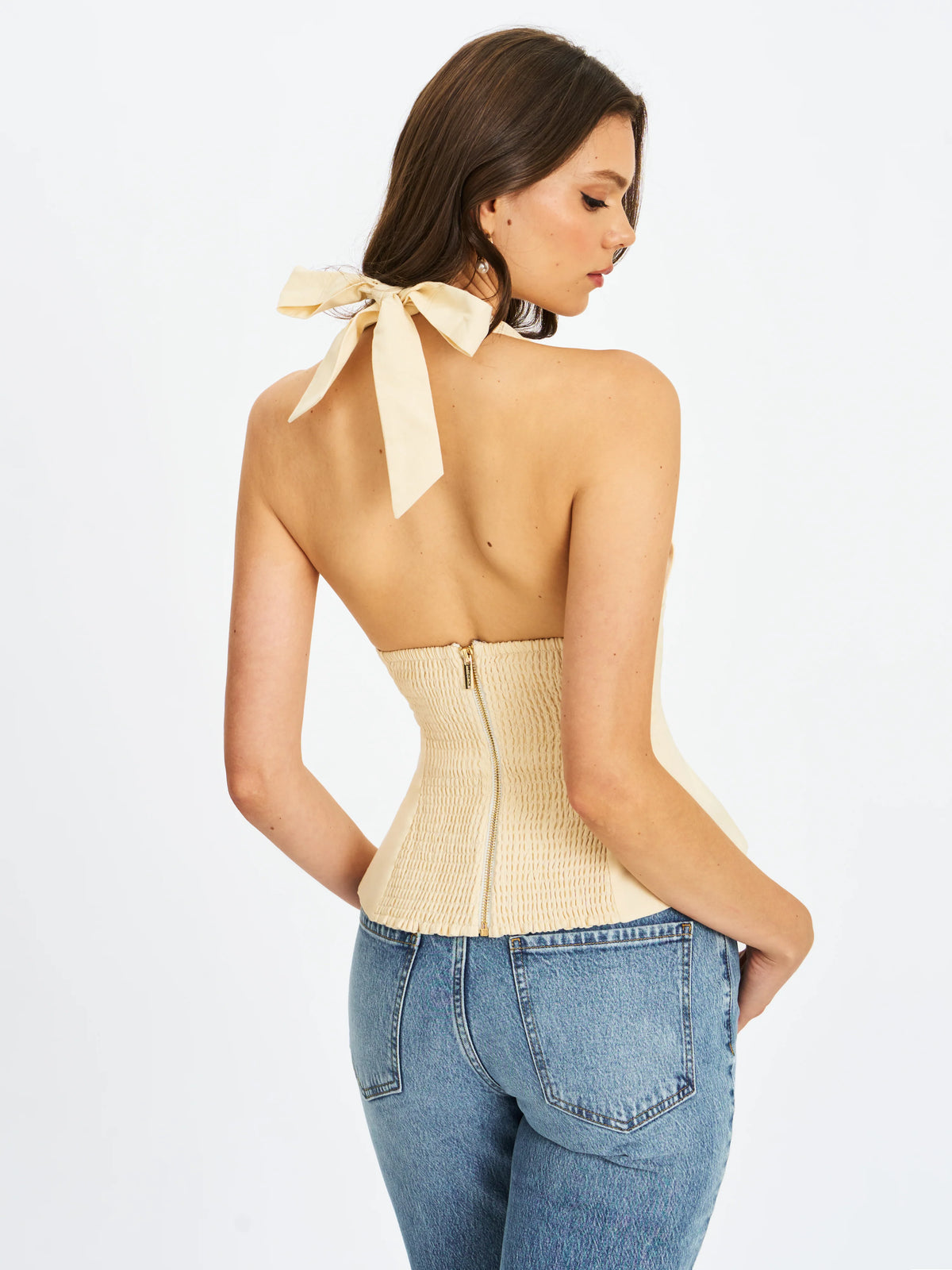 Quinzella Butter Yellow Linen Plunging Halter Neck Top