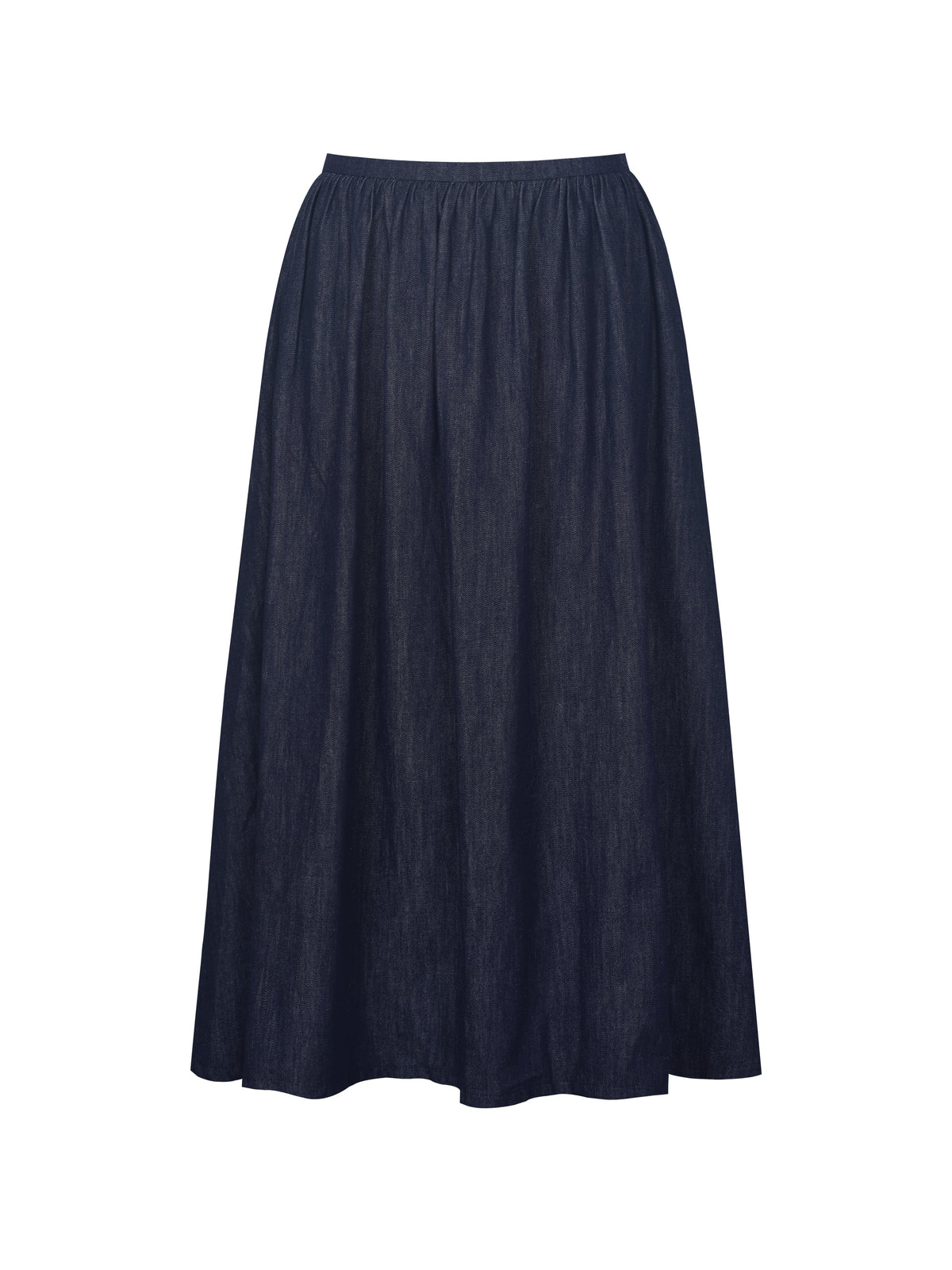 Maevie Indigo Denim Gathered A Line Midi Skirt