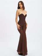 Giovana Espresso Sweetheart Draped Mesh Mermaid Maxi Dress