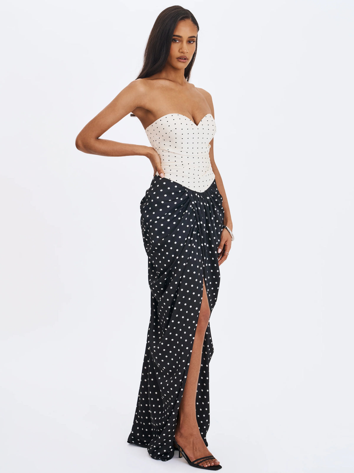 Tamryn Black White Polka Dot Sweetheart Maxi Dress