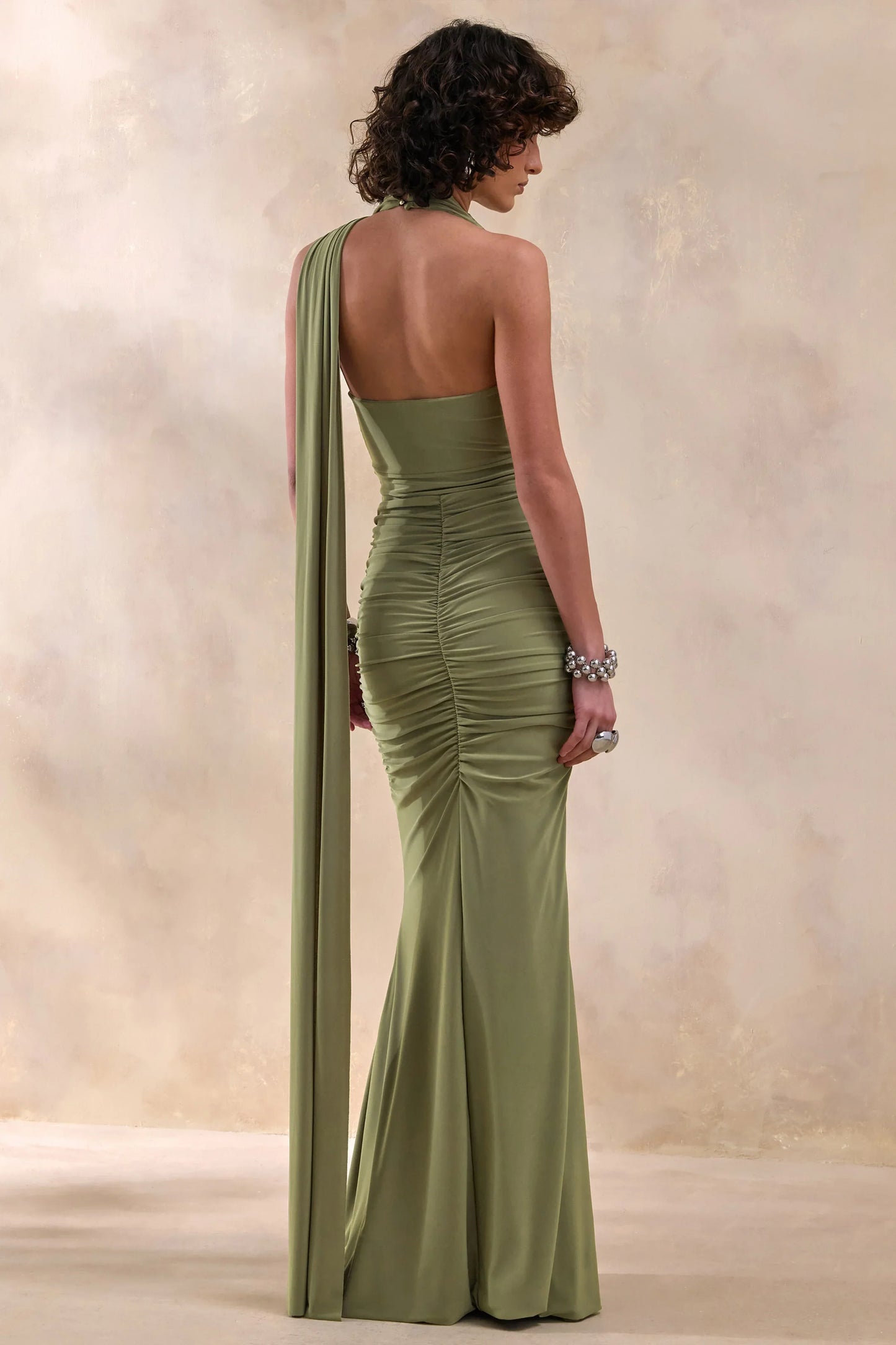 Roselani Olive Halter Neck Maxi Dress With Open Back