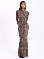 Waylynn Nude Black Animal Print Burnout Velvet Detail Mesh Backless Maxi Dress