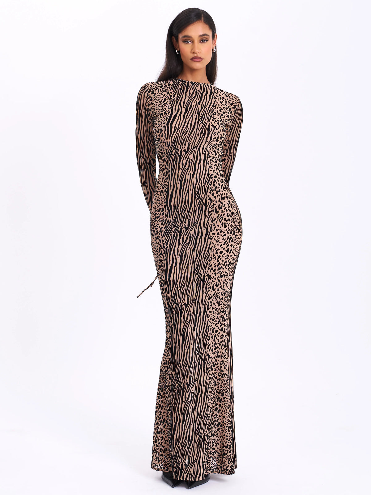 Waylynn Nude Black Animal Print Burnout Velvet Detail Mesh Backless Maxi Dress
