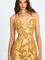 Edie Gold Beaded Sequin Midi Pencil Dress