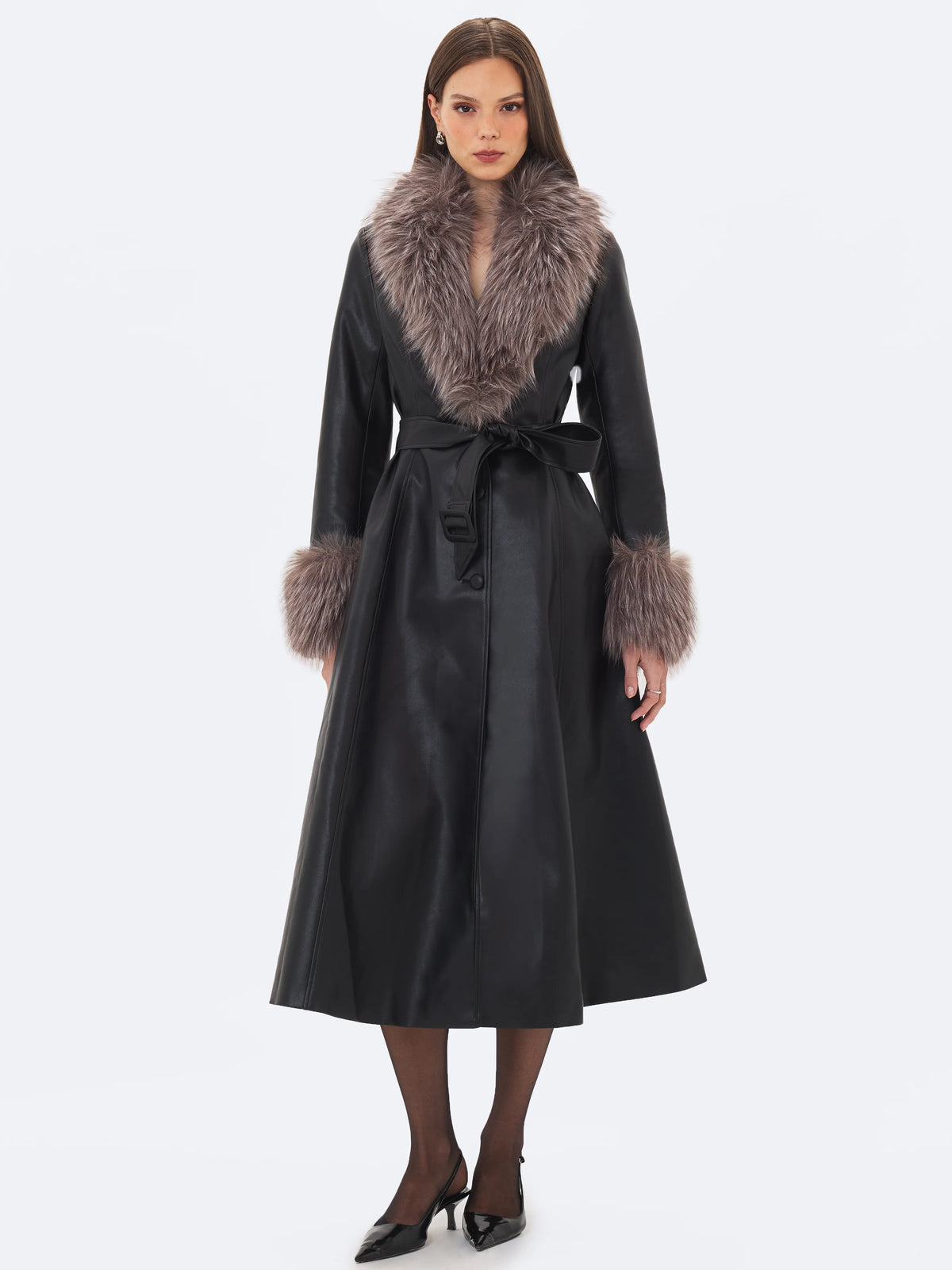 Nico Black Faux Leather Fur Trimmed Belted A Line Midi Coat