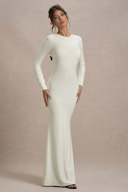 Rosalee Cream Long Sleeve Cowl Back Maxi Dress With Bows