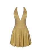 Xavia Gold Crystal Organza Plunging Halter Mini Dress