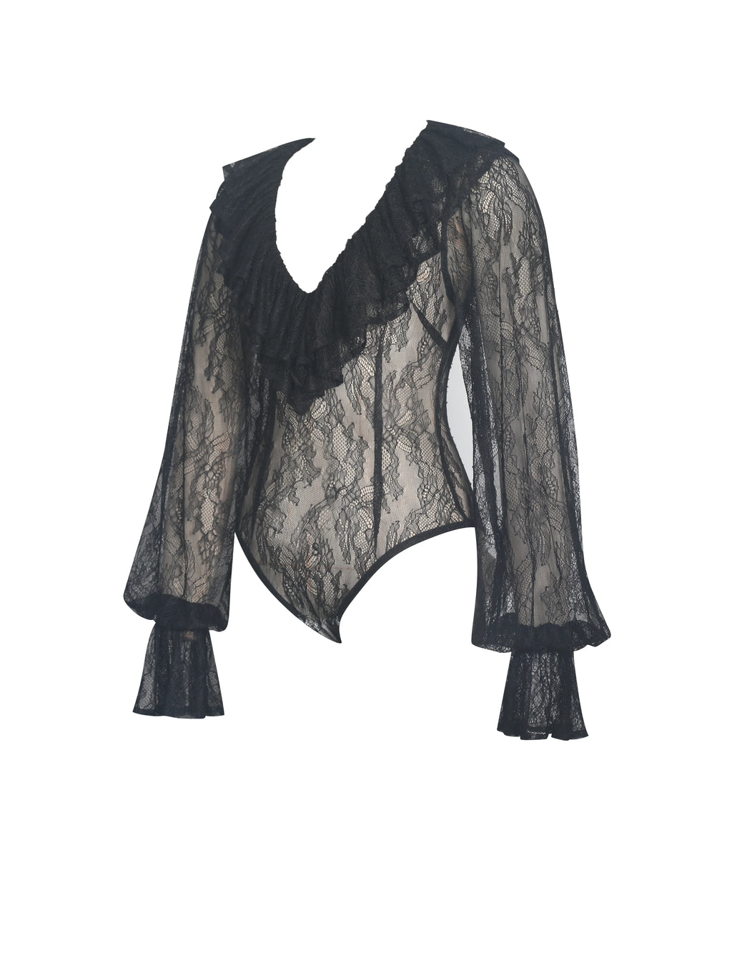 Taliah Black Sheer Lace Ruffled Collar Bodysuit