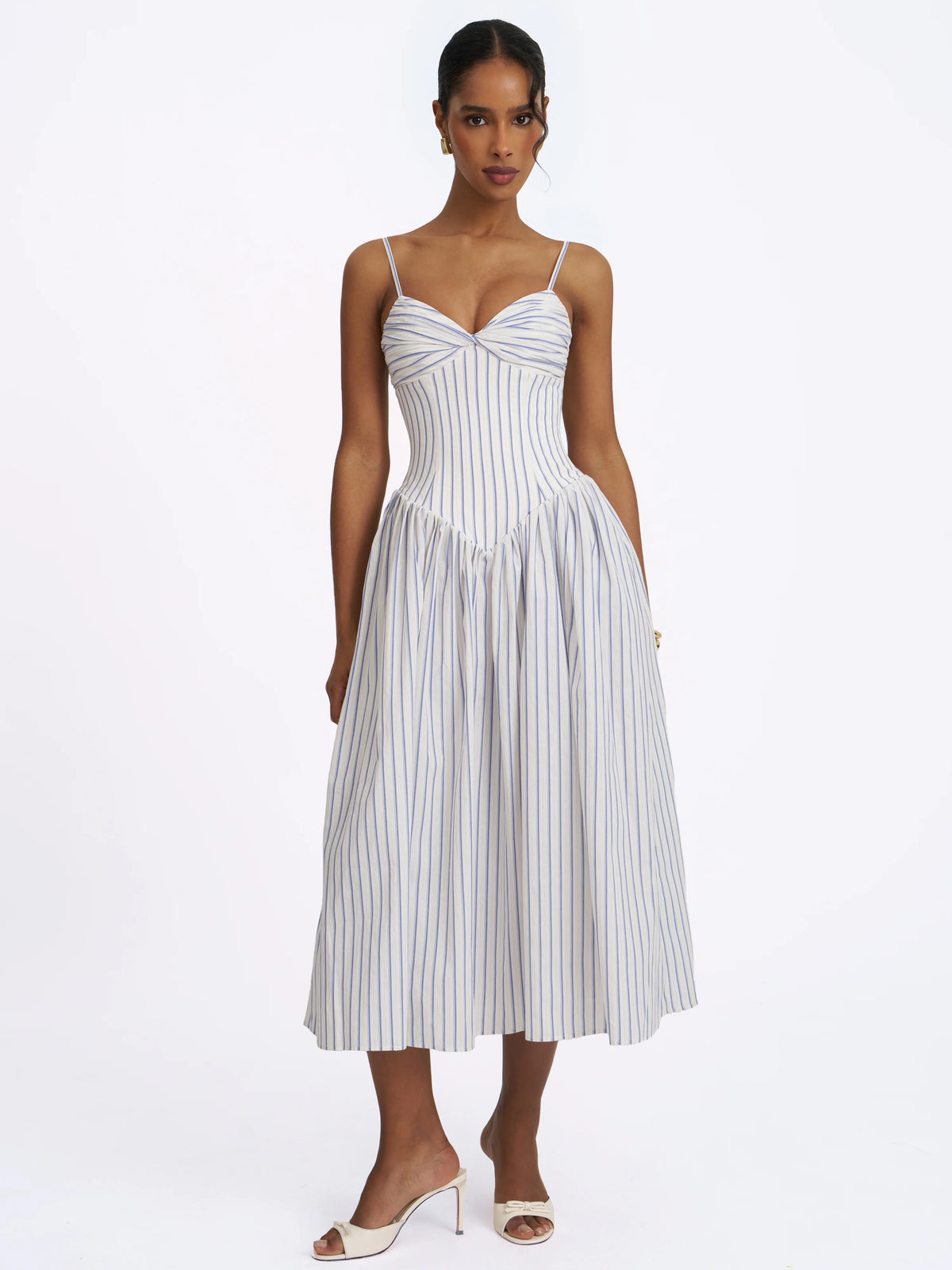 Olea Sky Blue Striped Cotton Poplin Ruched Midi Dress