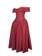Xavy Crimson Off Shoulder Corset Midi Dress