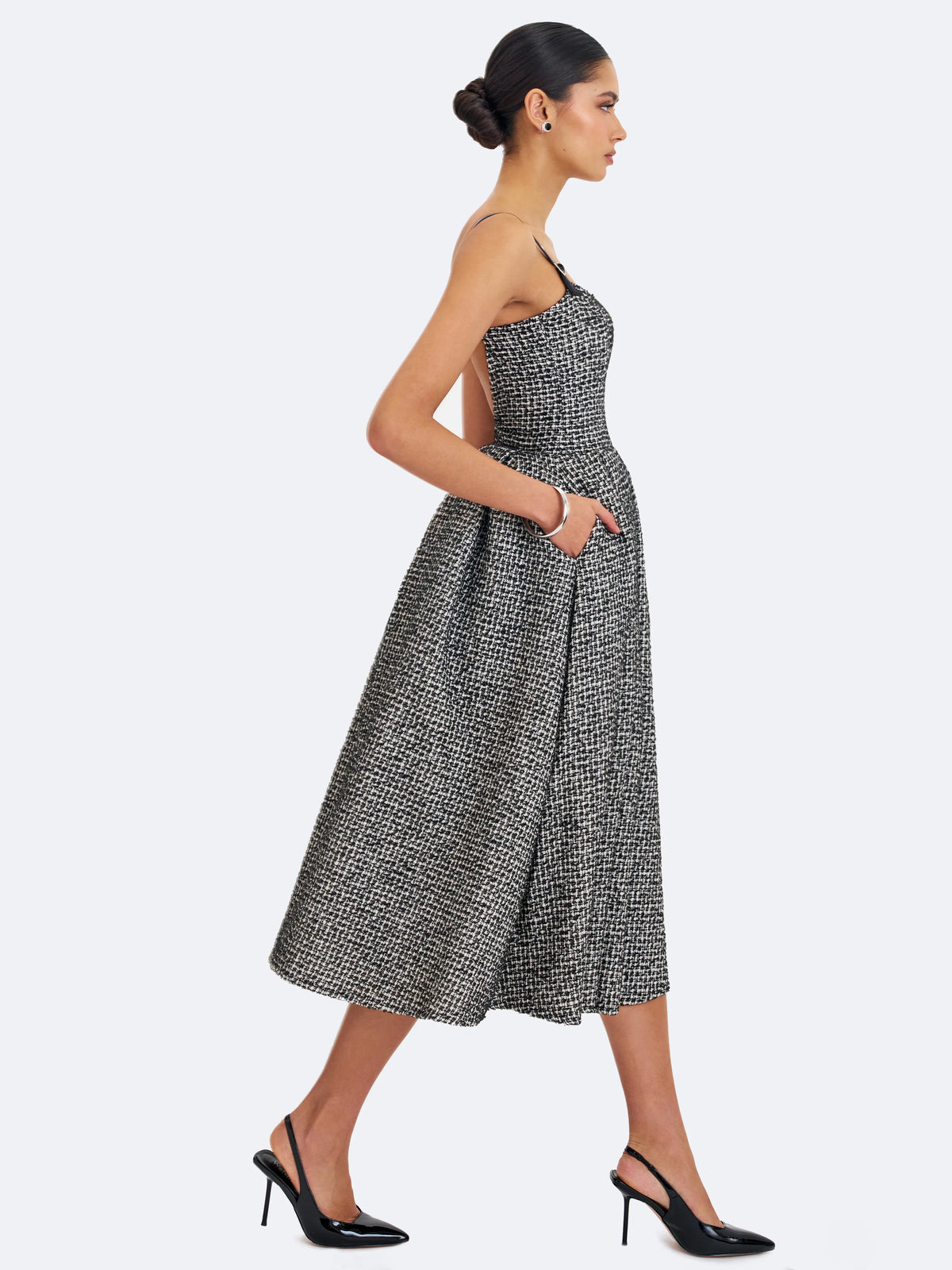 Katalina Black White Tweed Backless Midi Dress