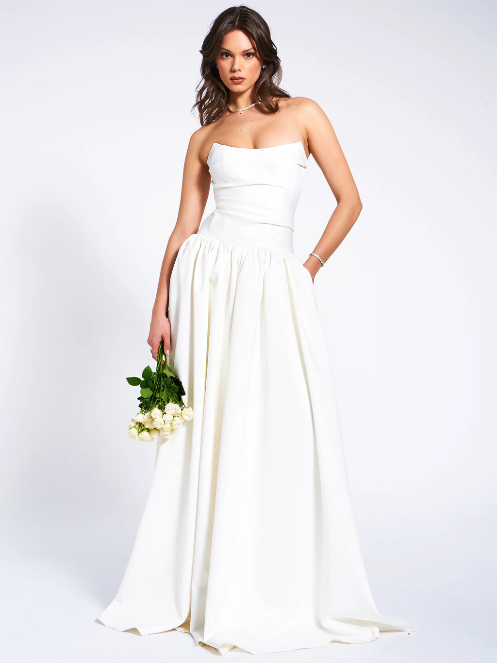 Umay White Drop Waist Satin Corset Bridal Gown
