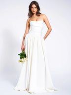 Umay White Drop Waist Satin Corset Bridal Gown