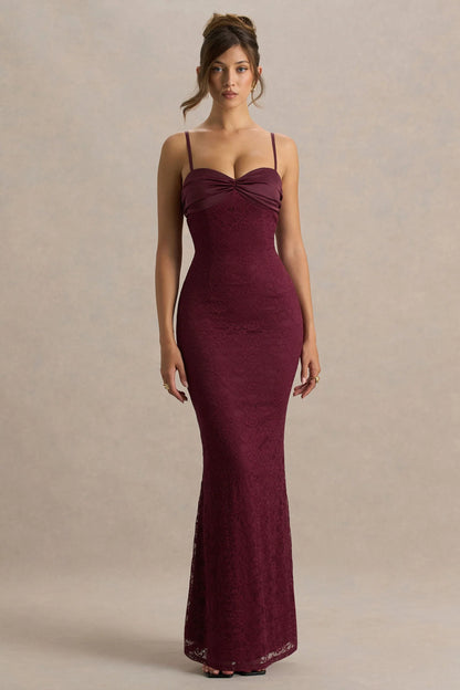 Juana Burgundy Lace And Satin Sweetheart Neck Satin Maxi Dress