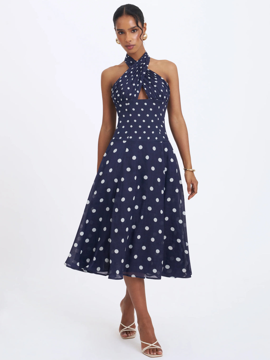 Nuri Navy Polka Dot Ramie Crossover Halter A Line Midi Dress