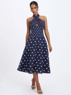 Nuri Navy Polka Dot Ramie Crossover Halter A Line Midi Dress