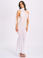 Olena White Burnout Velvet Animal Print Mesh Halter Neck Maxi Dress