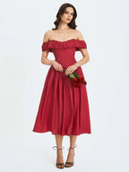 Xavy Crimson Off Shoulder Corset Midi Dress