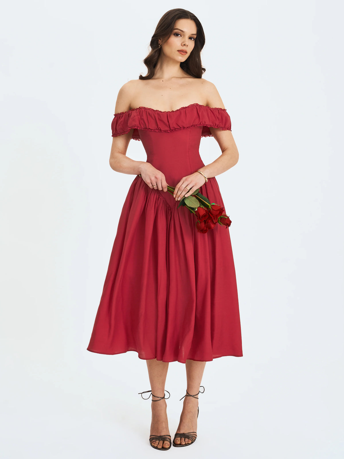 Xavy Crimson Off Shoulder Corset Midi Dress