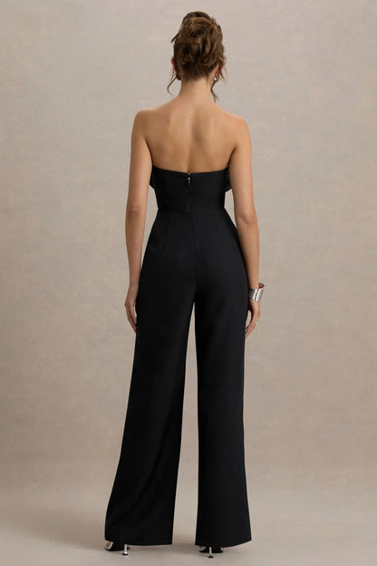 Opia Black Bandeau Wide Leg Jumpsuit With Large Floral Corsage