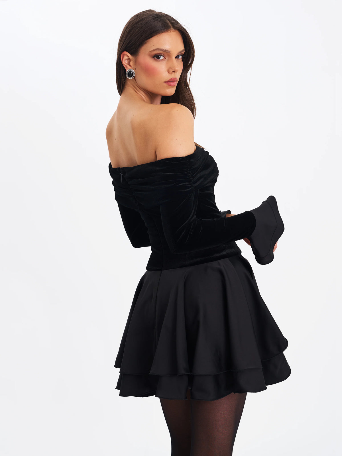 Magnolia Black Off Shoulder Layered Satin Mini Dress
