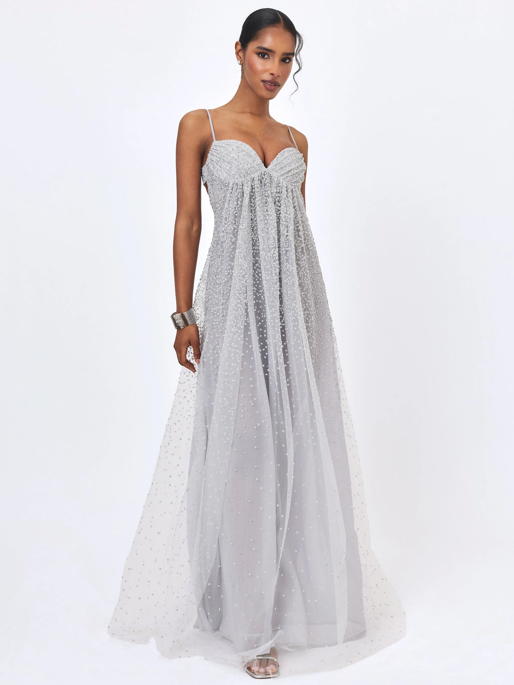 Wallie Silver Rhinestone Embellished Mesh Backless Gown