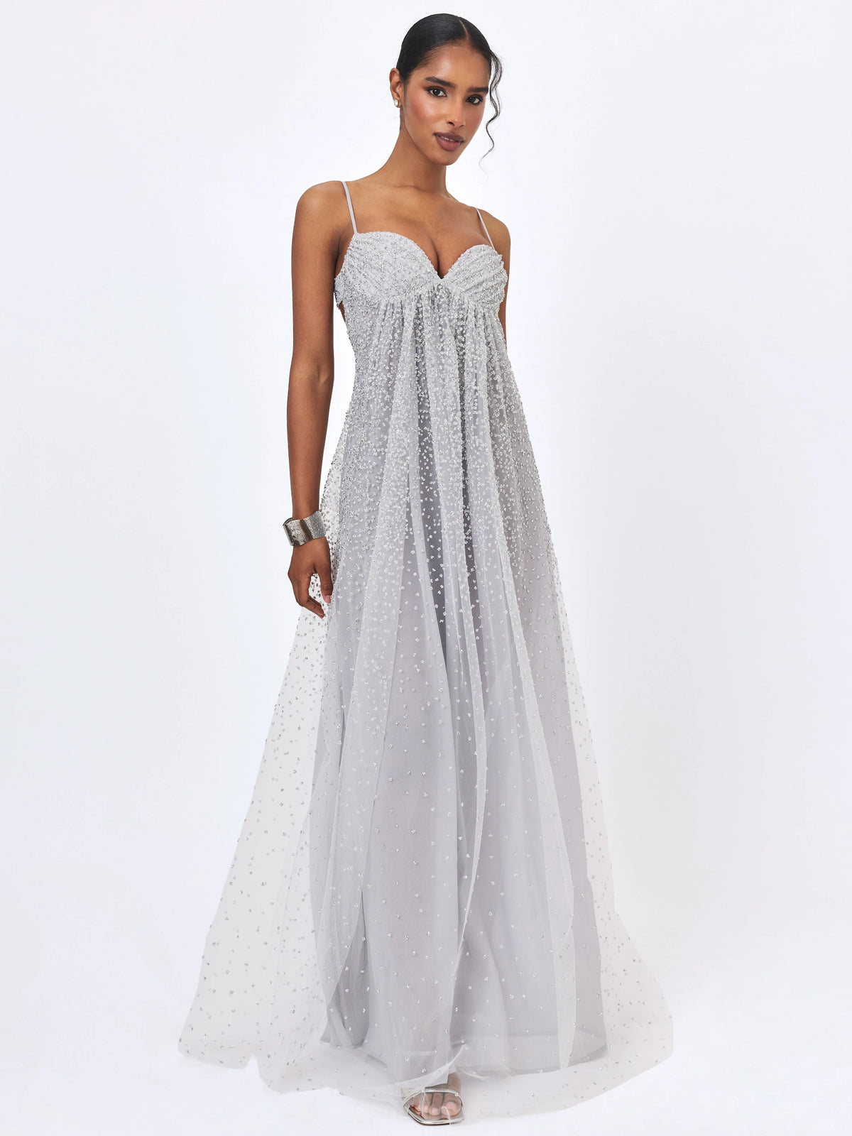 Wallie Silver Rhinestone Embellished Mesh Backless Gown