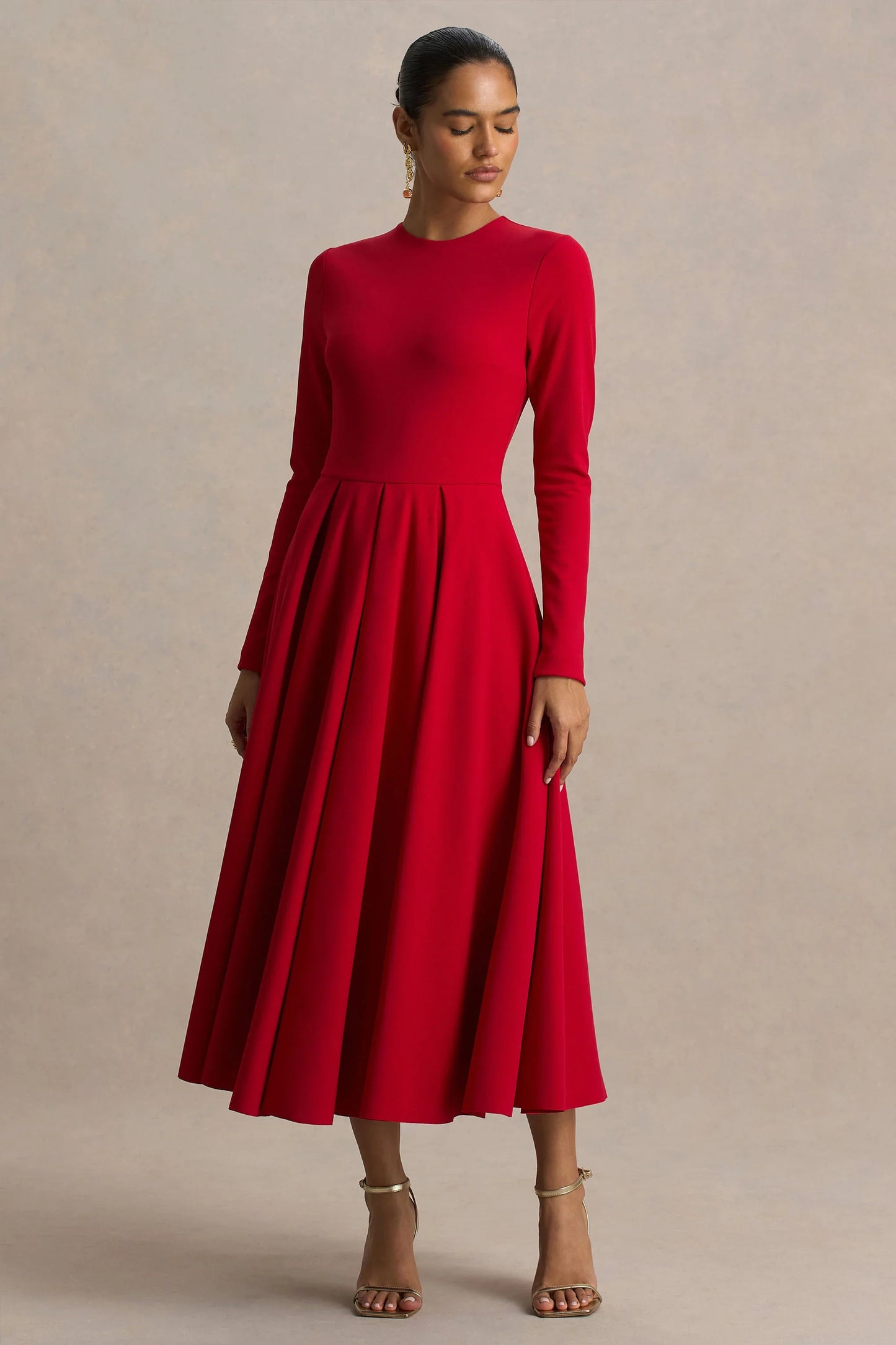 Bellamy Red Crew Neck Long Sleeve Midi Dress