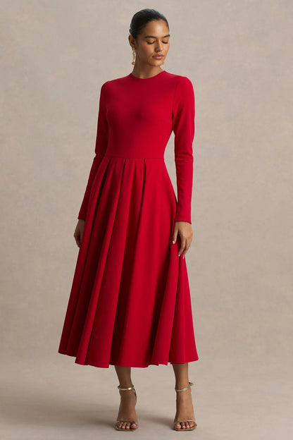Bellamy Red Crew Neck Long Sleeve Midi Dress
