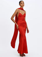 Kelsey Scarlet Croc Embossed Flared Hem Maxi Dress with Scarf
